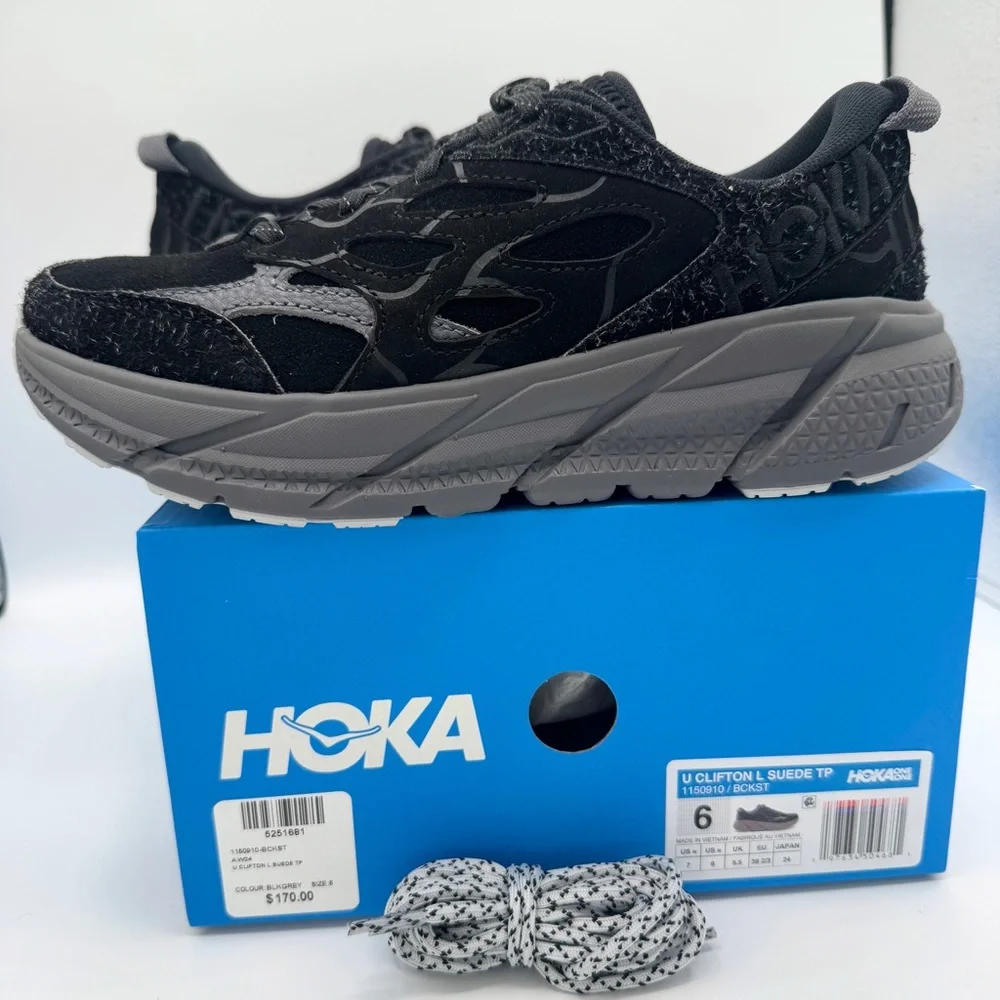 NWT Hoka Clifton Elite Terrain System L Suede Leather All Black Unisex Sneakers - Picture 2 of 16